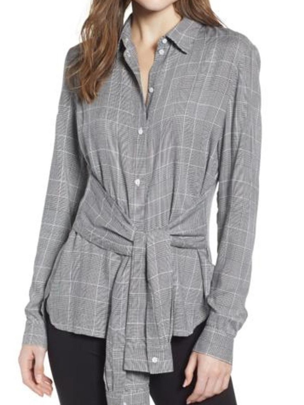 Bailey 44 Gray Windowpane Tie-Waist Button Down Shirt